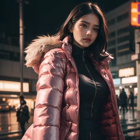 sad beautiful woman, oversized silk pink puffer coat, grey sky, rain, tears on face, masterpiece, photorealistic, dynamic pose, ...