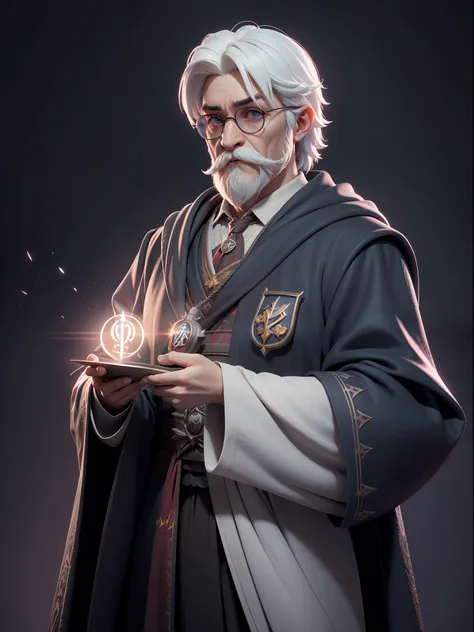 a male wizard, white hair, mustache, wide sleeves, glasses, robe, long sleeves, ((spill)), (((hogwarts background))), hogwarts, ...