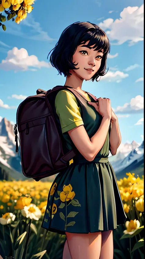 tip: a very charming opaltlok with a backpack and her cute puppy enjoying a lovely spring outing surrounded by beautiful yellow ...