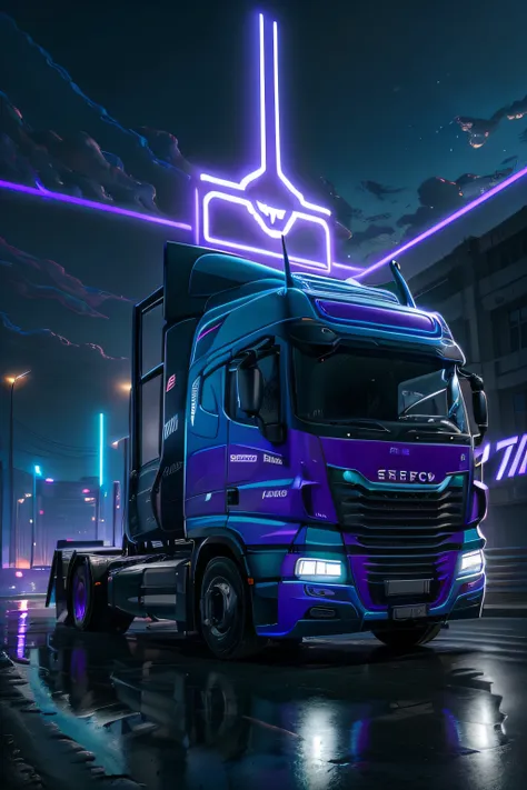 retroonda. iveco stralis 380 year 2008 pulling cart chest written on the tr bau.mk ,na estrada estrada, purple neon lights, sol,...