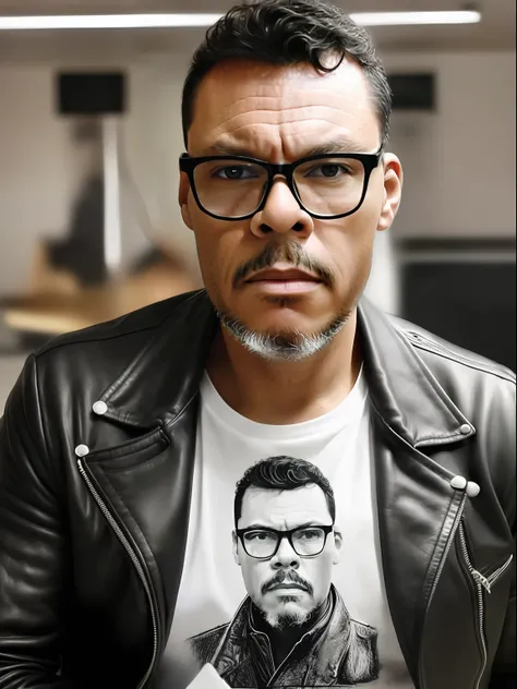 guttonervision8, Create a hyper-realistic portrait of a man wearing glasses, with meticulously detailed hair, skin, and bright brown eyes. He is dressed in a black leather jacket and a white t-shirt.
In this extraordinary artwork, the mans features are ca...