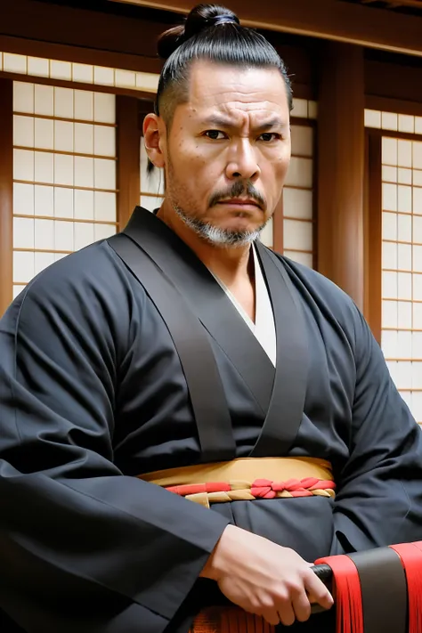 guttonervision8, a hyper-realistic portrait of a man dressed as an ancient Samurai warrior from Japan, with extraordinary attention to detail in his hair, skin, and bright brown eyes. The artwork will also feature an incredibly realistic and immersive back...