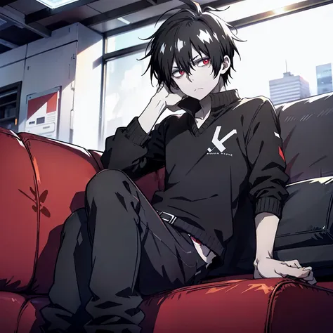 tired man,, 18 years old, black hair, light long black hair,, red eyes,, pale skin, black sweater, gray pants, on a couch, relax...