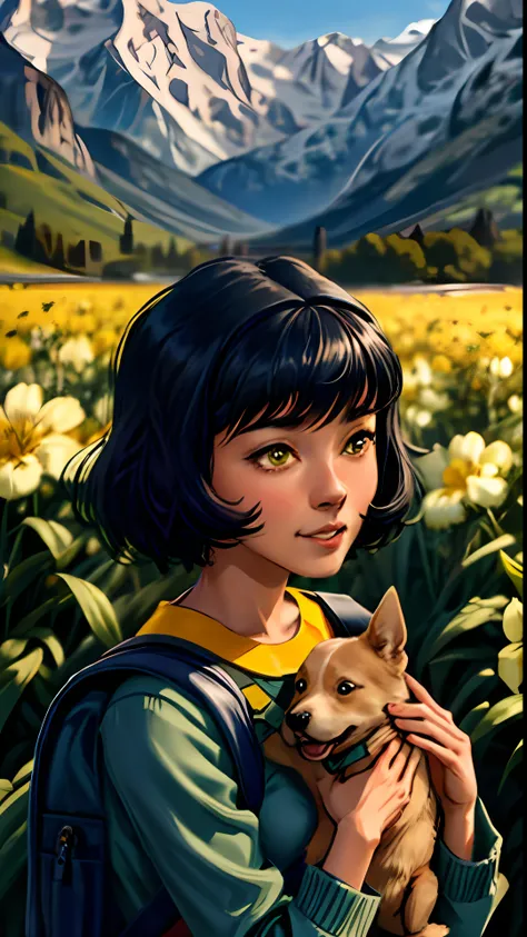 tip: a very charming opaltlok with a backpack and her cute puppy enjoying a lovely spring outing surrounded by beautiful yellow ...