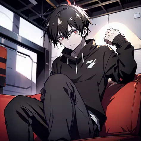 tired man,, 18 years old, black hair, light long black hair,, red eyes,, pale skin, black sweater, gray pants, on a couch, relax...