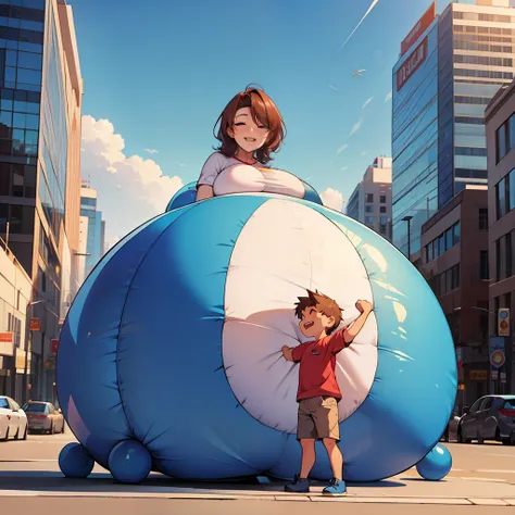 Mother turns inflatable object at the request of the son and the son is happy, But the mothers body had a side effect