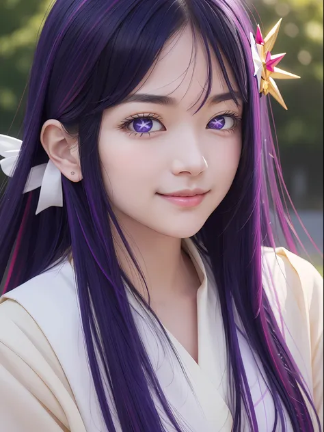 hoshino ai, europe youth, long hair, purple hair, streaked hair ,purple eyes, star-shaped pupils, (hair ornament:1.2),  star-sha...