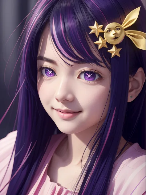 hoshino ai, europe youth, long hair, purple hair, streaked hair ,purple eyes, star-shaped pupils, (hair ornament:1.2),  star-sha...