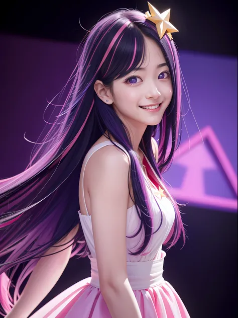 hoshino ai, europe youth, long hair, purple hair, streaked hair ,purple eyes, (star-shaped pupils:1.2), (hair ornament:1.2),  st...