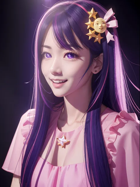 hoshino ai, europe youth, long hair, purple hair, streaked hair ,purple eyes, (star-shaped pupils:1.2), (hair ornament:1.2),  st...