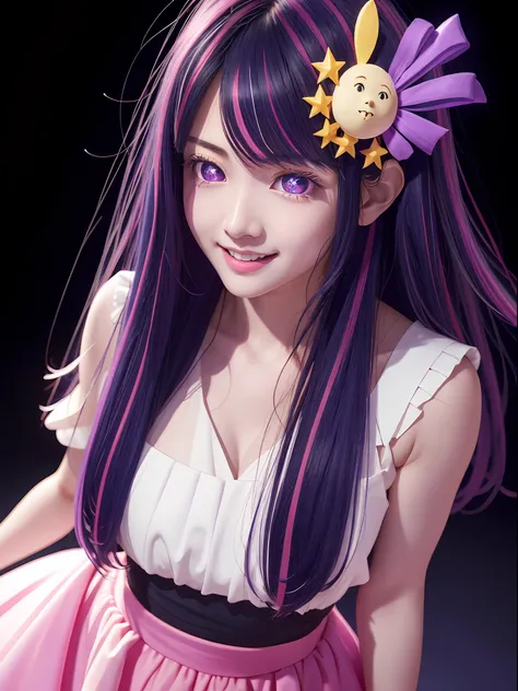 hoshino ai, europe youth, long hair, purple hair, streaked hair ,purple eyes, (star-shaped pupils:1.2), (hair ornament:1.2),  st...