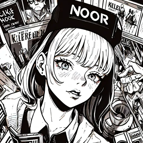 (noir comics-style illustration:1.2),(black and white_high contrast),killer