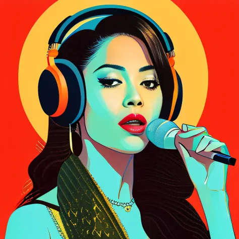 (masterpiece, best quality, beautiful:1.4), a woman with headphones on singing into a microphone, in style of digital illustrati...