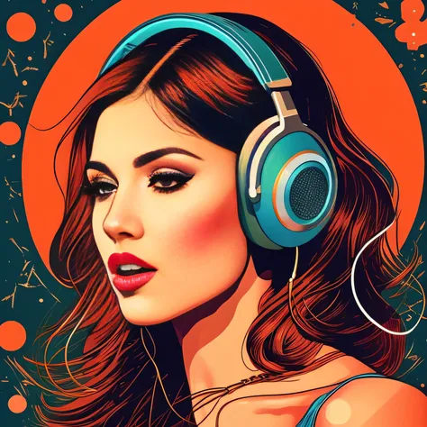 (masterpiece, best quality, beautiful:1.4), a woman with headphones on singing into a microphone, in style of digital illustrati...