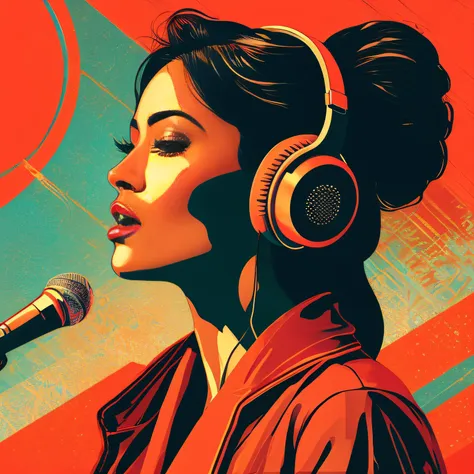 (masterpiece, best quality, beautiful:1.4), a woman with headphones on singing into a microphone, in style of digital illustrati...