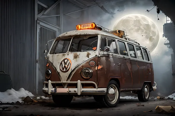 analog gloomy photo of an (orange) volkswagen kombi,  ((haunted house:1.0)), (walking dead:1.0), zombie apocalypse, (abandoned t...