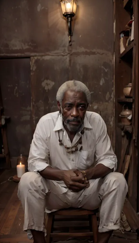 homem afrodescendente, por volta dos 90 anos, com rosto marcado pelo tempo e com muitas rugas. his countenance is sad and looks ...