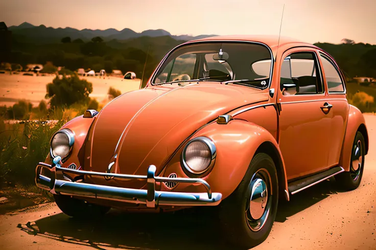 analog gloomy photo of a red Volkswagen Beetle car, ((three quarter view)), (dark sunset), driving on a dirt road, (dilapidated town), 1969, ((horror movie)), slasher film, texas chainsaw massacre, film grain, retro, High Detail, Sharp focus, ((photoreali...