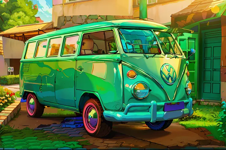 green and white vw bus parked on brick road, carrinha, microbus, vw bus on a street, vw microbus driving, bullies, foto de perfi...