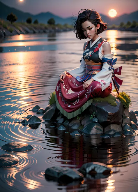 character, beautiful samurai, meditating sitting, on the edge of a river full of stones, at sunset, ultra realistic photo, perfe...