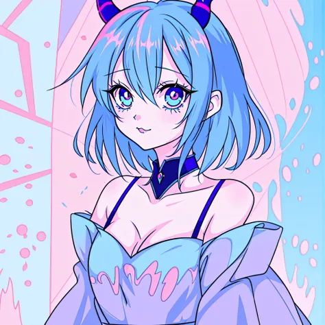 anime girl with blue hair and horns and a pink dress, loish |, demon girl, loish art style, blue tiefling, portrait of demon gir...