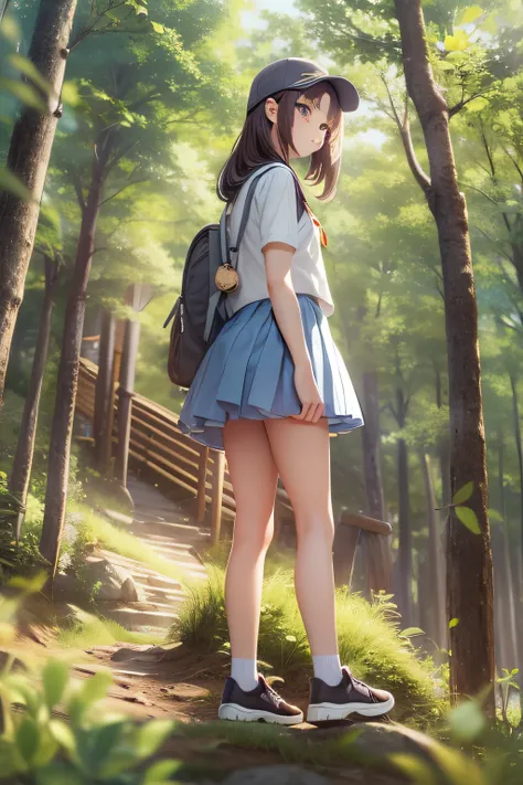 1 high school girl、summer clothing、climb the slope to school、tall trees on both sides、looks cool