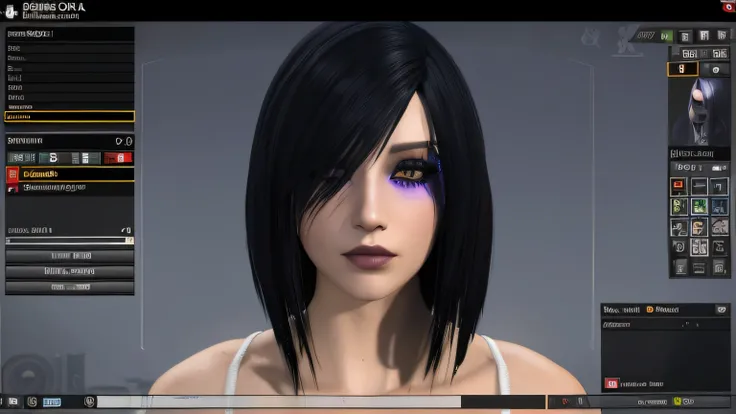 um close up de uma pessoa com cabelo preto e olhos roxos, Avatar do Second Life, com o rosto muito detalhado, Motor irreal : : maquiagem rave, ealistic shaded perfect face, dynamic black hair, rosto realisticamente renderizado, realistic face moody lightin...