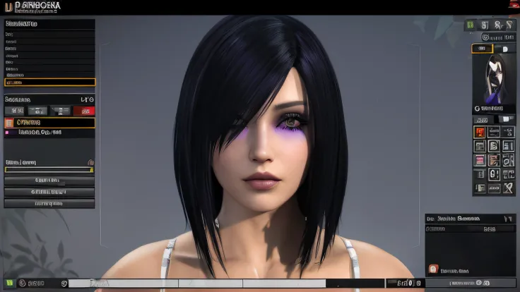 um close up de uma pessoa com cabelo preto e olhos roxos, Avatar do Second Life, com o rosto muito detalhado, Motor irreal : : maquiagem rave, ealistic shaded perfect face, dynamic black hair, rosto realisticamente renderizado, realistic face moody lightin...