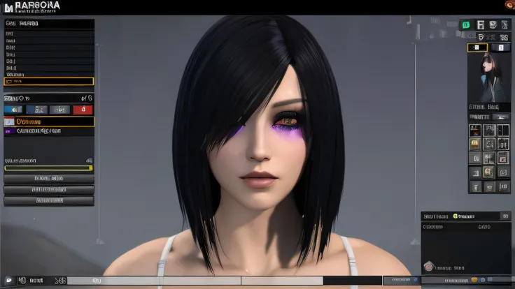 um close up de uma pessoa com cabelo preto e olhos roxos, Avatar do Second Life, com o rosto muito detalhado, Motor irreal : : maquiagem rave, ealistic shaded perfect face, dynamic black hair, rosto realisticamente renderizado, realistic face moody lightin...