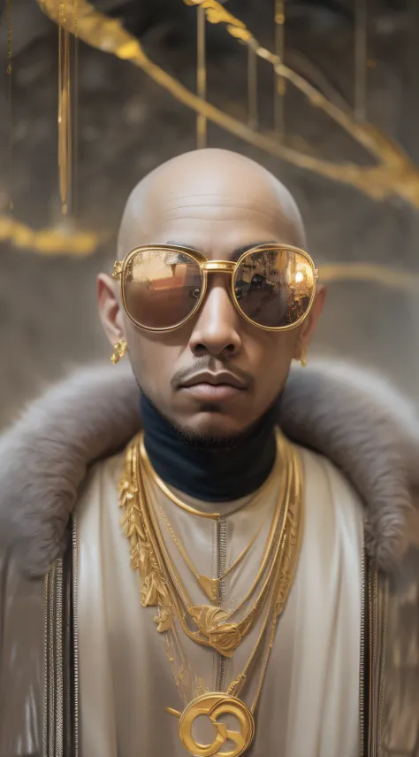 1rapper with bald hair, t pose, fantasy background, modern mink fur jacket (gucci) (fendi) (h r gigger), high end luxury fashion...