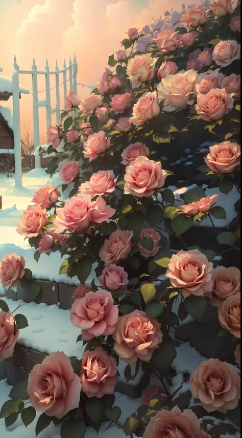 pink roses grow on snowy roads in the snow, roses in cinematic light, beautiful aesthetic, beautiful and aesthetic, rose garden,...