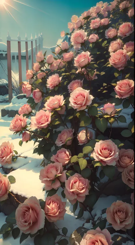 pink roses grow on snowy roads in the snow, roses in cinematic light, beautiful aesthetic, beautiful and aesthetic, rose garden,...