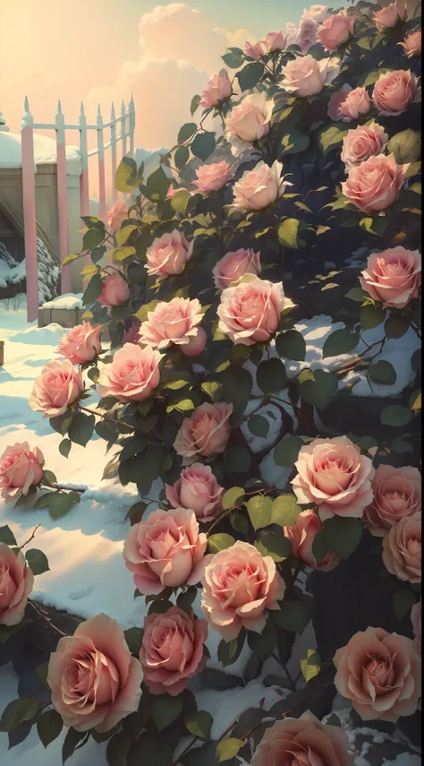 pink roses grow on snowy roads in the snow, roses in cinematic light, beautiful aesthetic, beautiful and aesthetic, rose garden,...