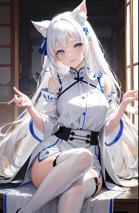 lazy wind，wide blue eyes，white hair，dull hair，beast-eared maiden，white tones，sitted，1girll，solo，adolable，on cheongsam，big hazy e...