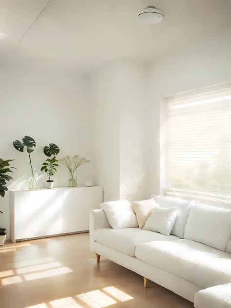 there is a white sofa in the living room，there is a plant next to it, soft light through blinds, elegant minimalism, natural win...