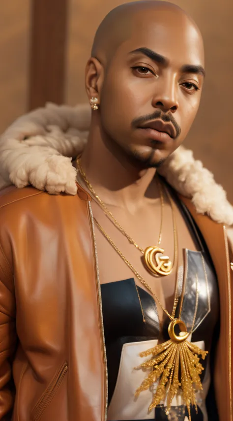 1rapper with Bald hair, T Pose, Fantasy Background, modern mink Fur Jacket (Gucci) (Fendi) (H R Gigger), High End Luxury Fashion, Lots of GOld Chains Jewelry and Diamonds, fog, detailed and realistic image, amazing composition with vintage scenery with abs...