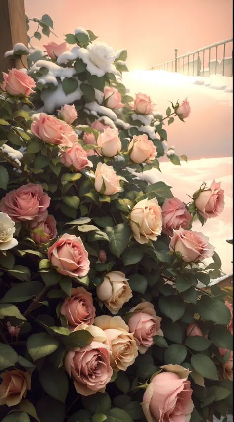 pink roses are covered with snow near fences and buildings, rosette, roses in cinematic light, with frozen flowers around her, b...