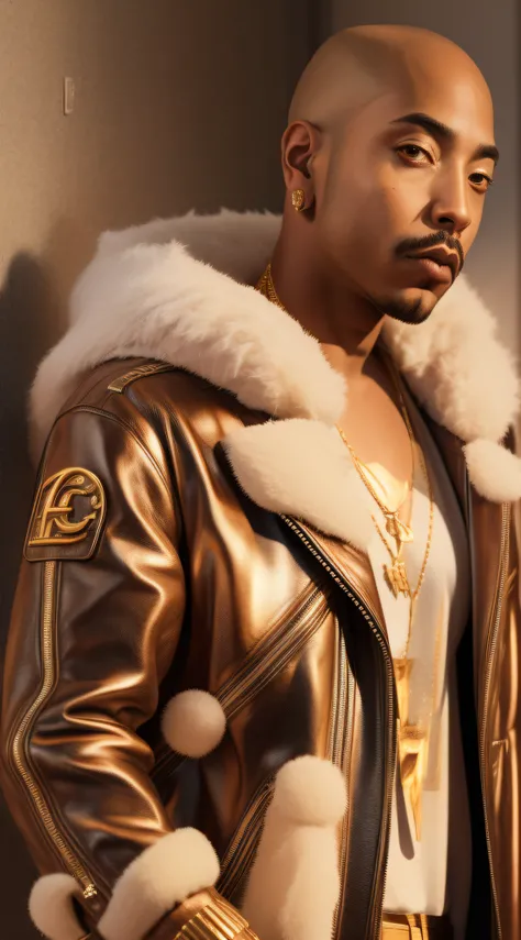 1rapper with Bald hair, T Pose, Fantasy Background, modern mink Fur Jacket (Gucci) (Fendi) (H R Gigger), High End Luxury Fashion, Lots of GOld Chains Jewelry and Diamonds, fog, detailed and realistic image, amazing composition with vintage scenery with abs...