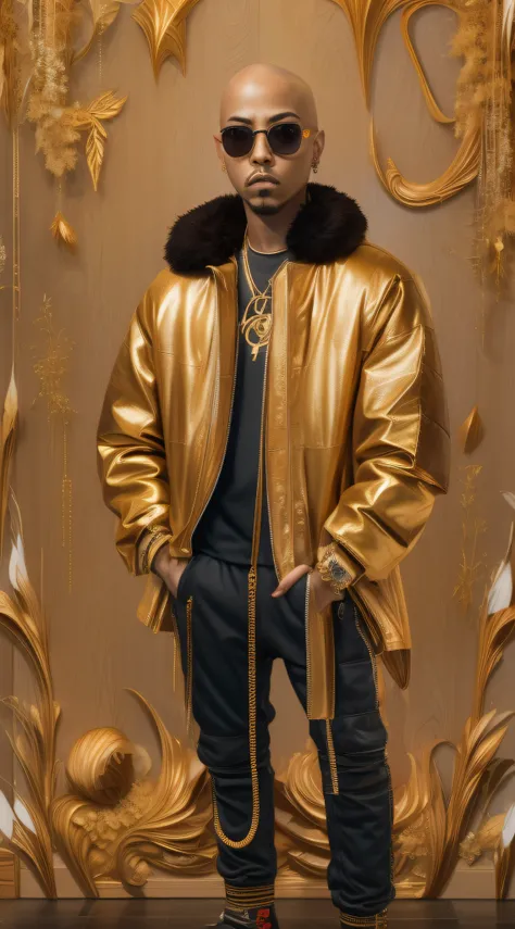 1rapper with Bald hair, T Pose, Fantasy Background, modern mink Fur Jacket (Gucci) (Fendi) (H R Gigger), High End Luxury Fashion, Lots of GOld Chains Jewelry and Diamonds, fog, detailed and realistic image, amazing composition with vintage scenery with abs...