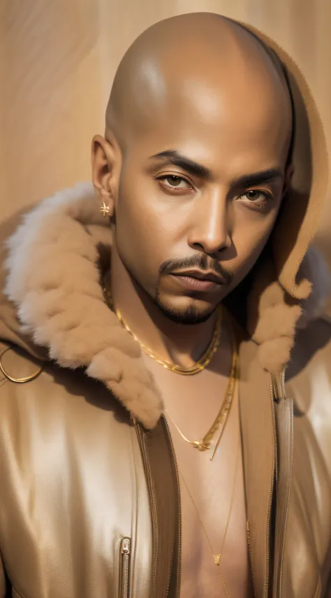 1rapper with Bald hair, T Pose, Fantasy Background, modern mink Fur Jacket (Gucci) (Fendi) (H R Gigger), High End Luxury Fashion, Lots of GOld Chains Jewelry and Diamonds, fog, detailed and realistic image, amazing composition with vintage scenery with abs...
