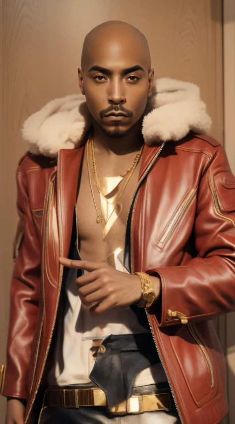 1rapper with Bald hair, T Pose, Fantasy Background, modern mink Fur Jacket (Gucci) (Fendi) (H R Gigger), High End Luxury Fashion, Lots of GOld Chains Jewelry and Diamonds, fog, detailed and realistic image, amazing composition with vintage scenery with abs...