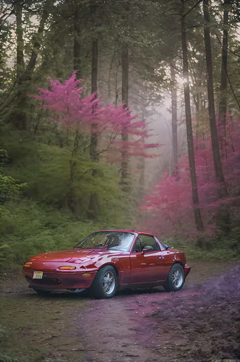 side photo of red mazdamiata in a foggy forest with pink and purple ambient light, pink fog, high quality photo, lens flare, bok...