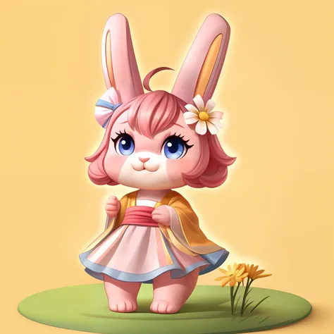 （​masterpiece）8k分辨率、top-quality、the image of a rabbit with plump cheeks and pink ears。by wearing cute ribbons and flowers、show o...