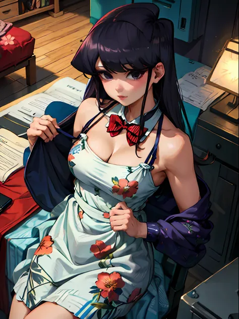 komi shouko, string dress cleavage blue floral print