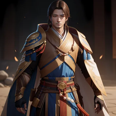 a close up of a man in his 30s, with brown eyes and brown hair, wearing a desert themed outfit, a hero in wuxia style, with brown eyes, martial artist holding a staff, standing in a chinese monastary, new costume concept design, in the style of blade and s...