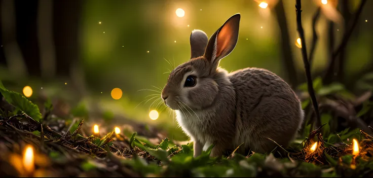 close up photo of a rabbit in an enchanted forest, nighttime, fireflies, volumetric fog, halation, bloom, dramatic atmosphere, c...