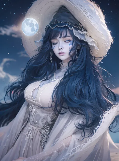 masterpiece, detailed, high quality, absurdres, ranni, 1girl, solo, cracked skin, doll joints, extra arms, one eye closed, blush, medium breasts, curvy, witch hat, white headwear, fur cloak, white dress, ring, cowboy shot, intricate details , moon , sittin...