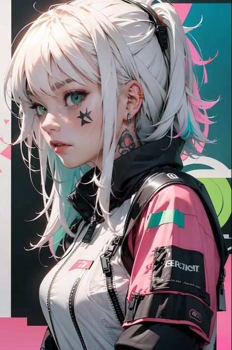 orange, pink, white, green, (white hair woman),tattoos, (techwear clothes:1.1),abstract lines and circles background