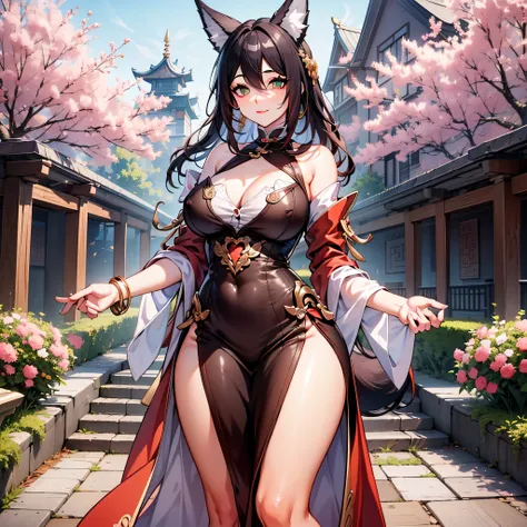 Tingyundef, woman with fox ears and tail, her body is more voluptuous, her breasts are big, she wears a low-cut red dress, with some embroidered details thus giving transparency to the fabric, in the region of the breasts, she is walking in amid the white ...