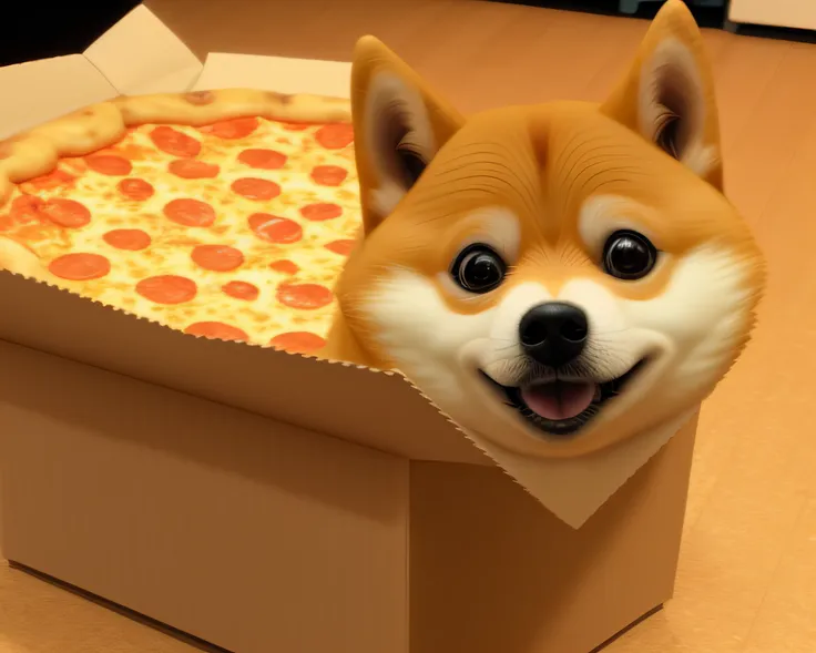 a photo of a cute ((doge)) with a box of pizza, soft render, low detail, ultra graphics, cinematic dramatic light, advanced pers...